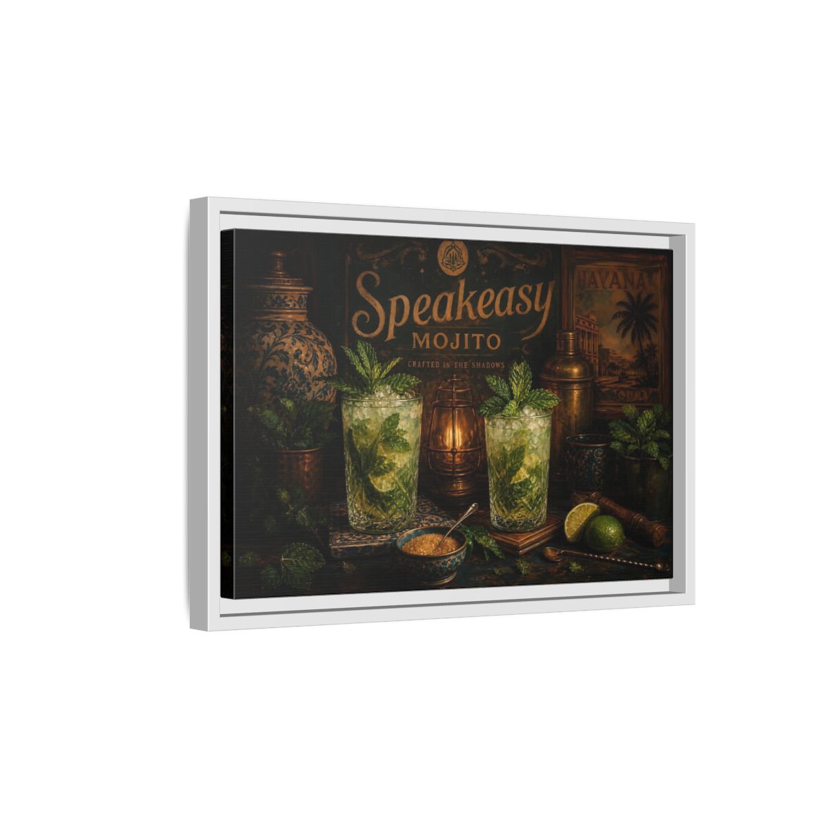 Side Mockup 4. Vintage Mojito Bar Scene shown as framed canvas print