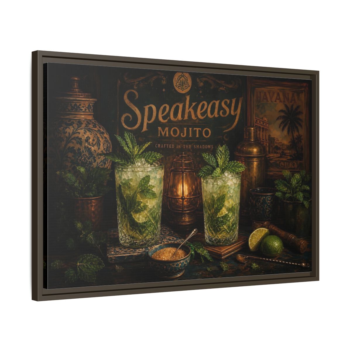Side Mockup 11. Vintage Mojito Bar Scene shown as framed canvas print