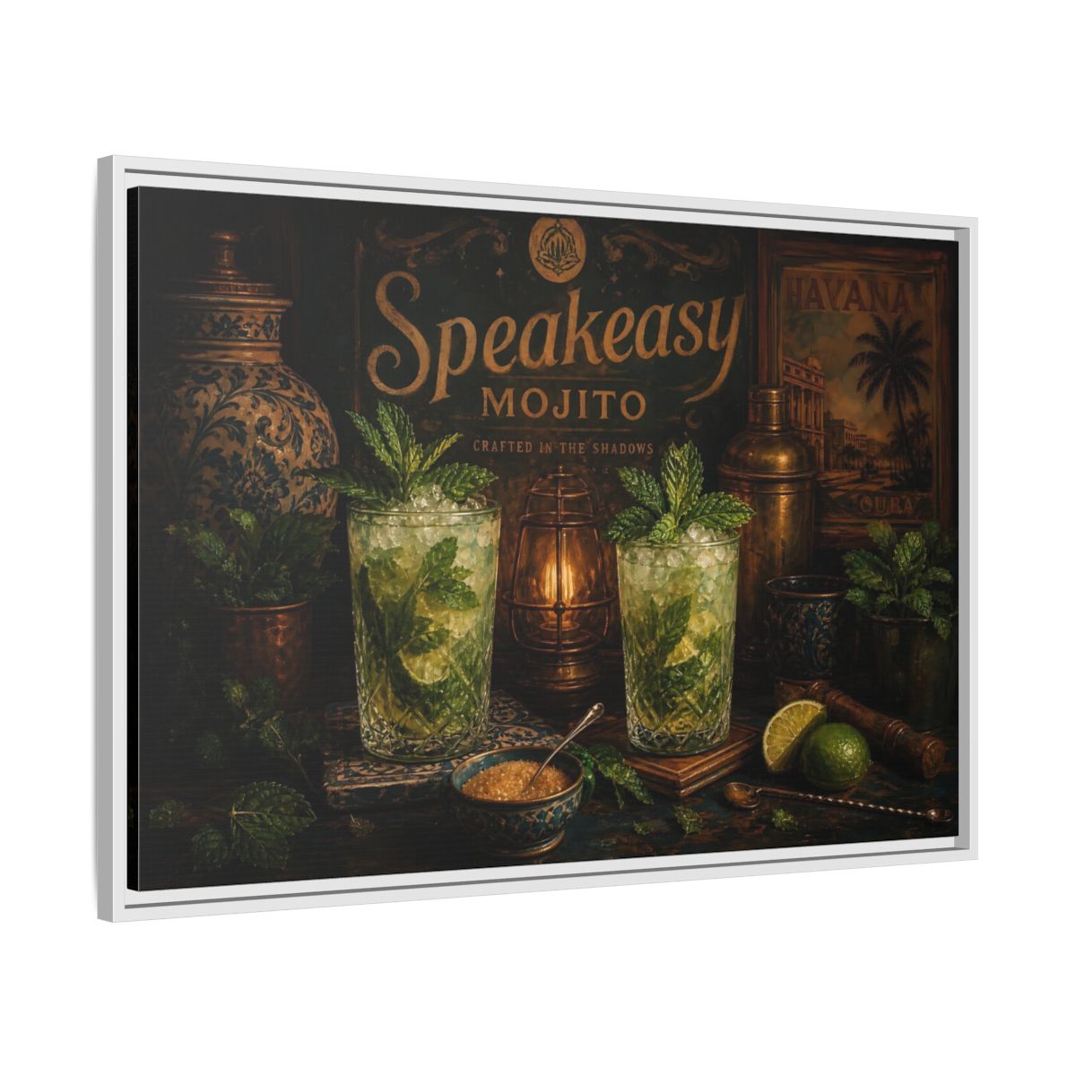 Side Mockup 9. Vintage Mojito Bar Scene shown as framed canvas print
