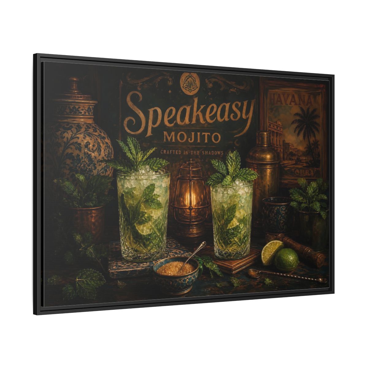 Side Mockup 12. Vintage Mojito Bar Scene shown as framed canvas print