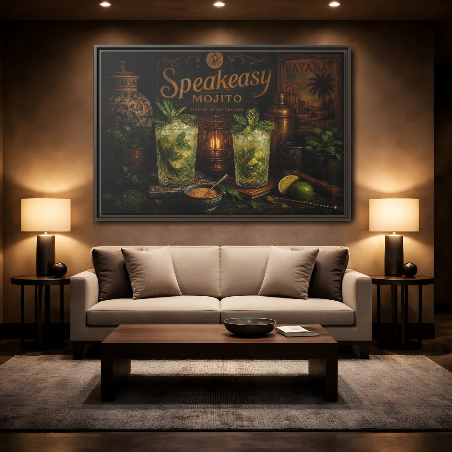 Mockup 2. Vintage Mojito Bar Scene shown as framed canvas print