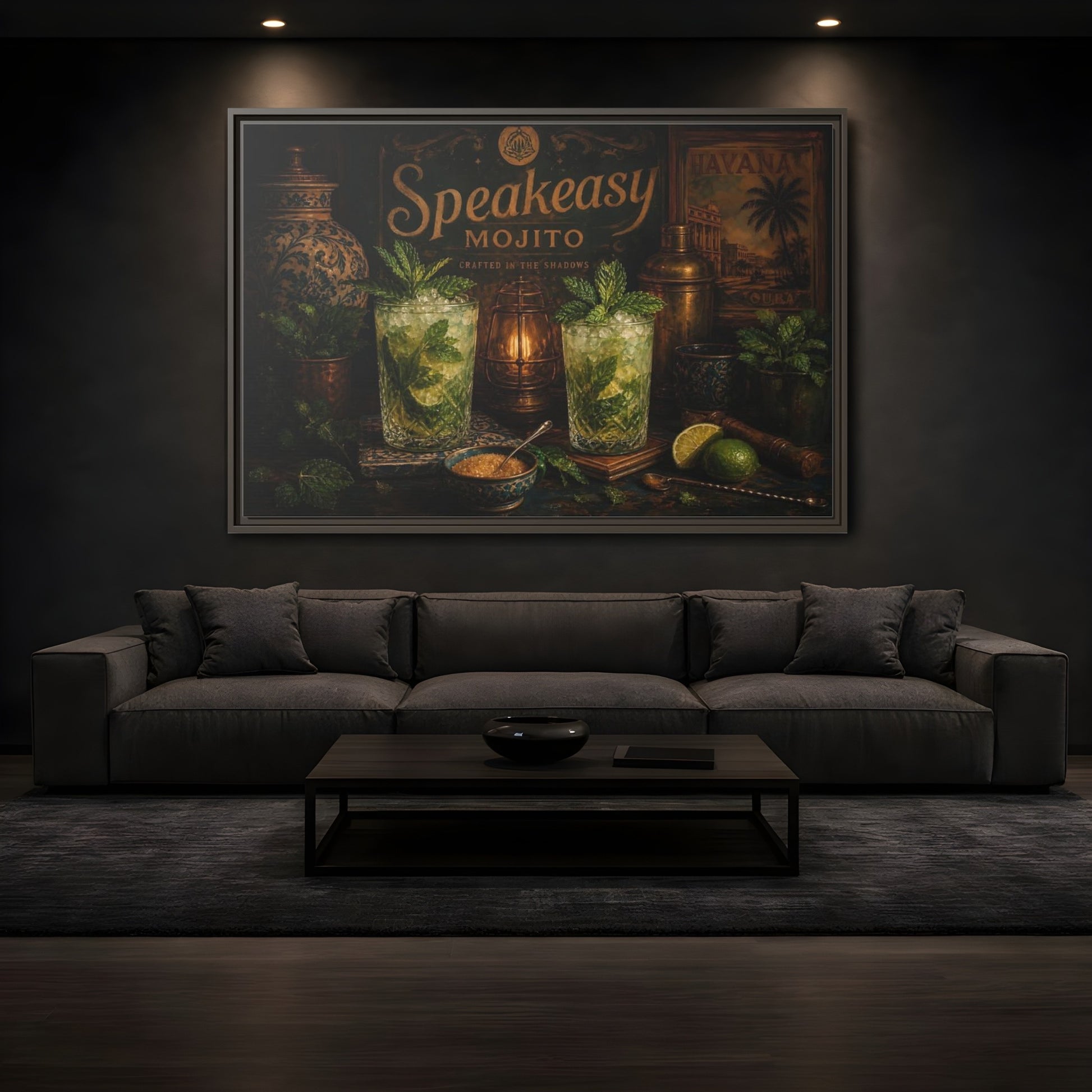 Mockup 3. Vintage Mojito Bar Scene shown as framed canvas print