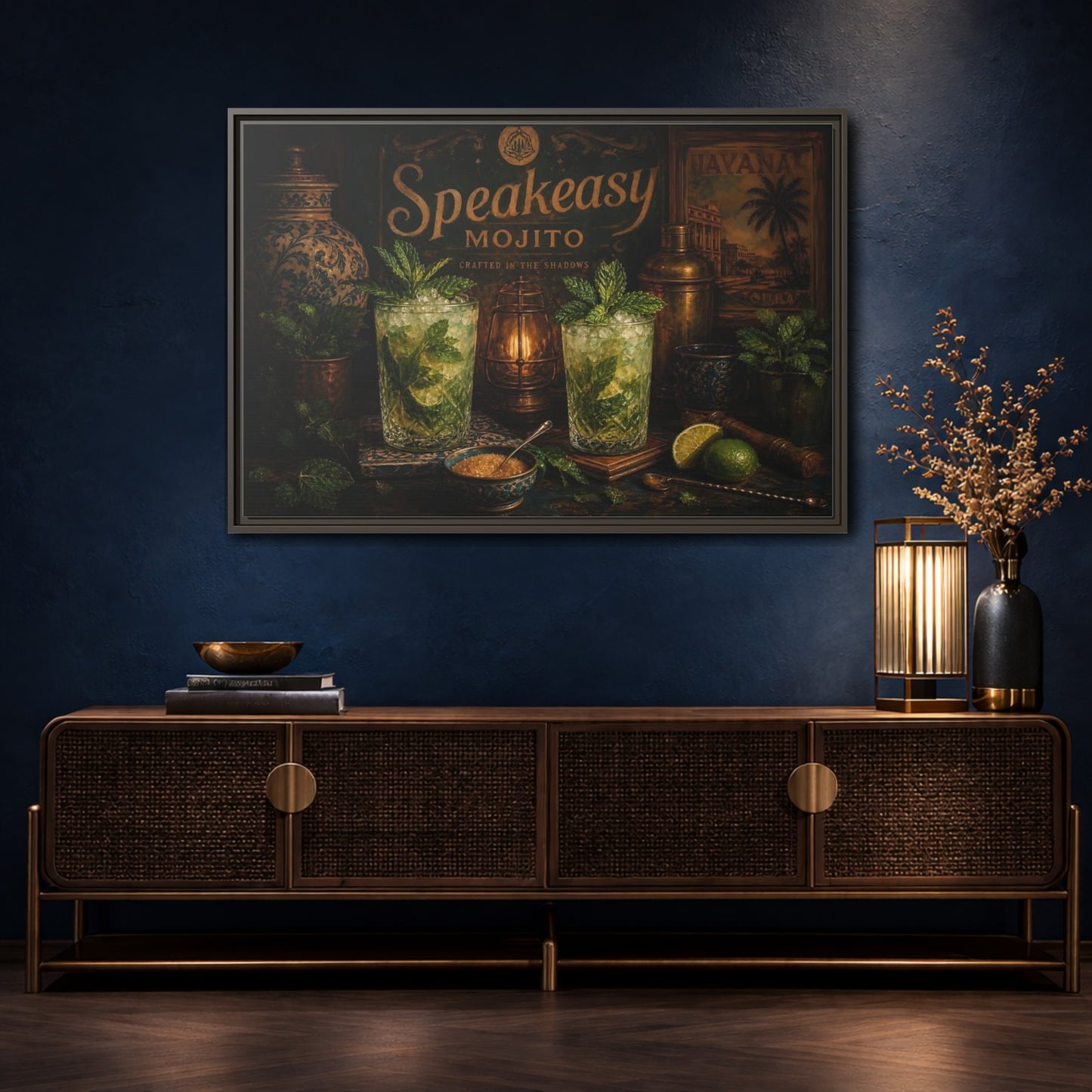 Mockup 4. Vintage Mojito Bar Scene shown as framed canvas print