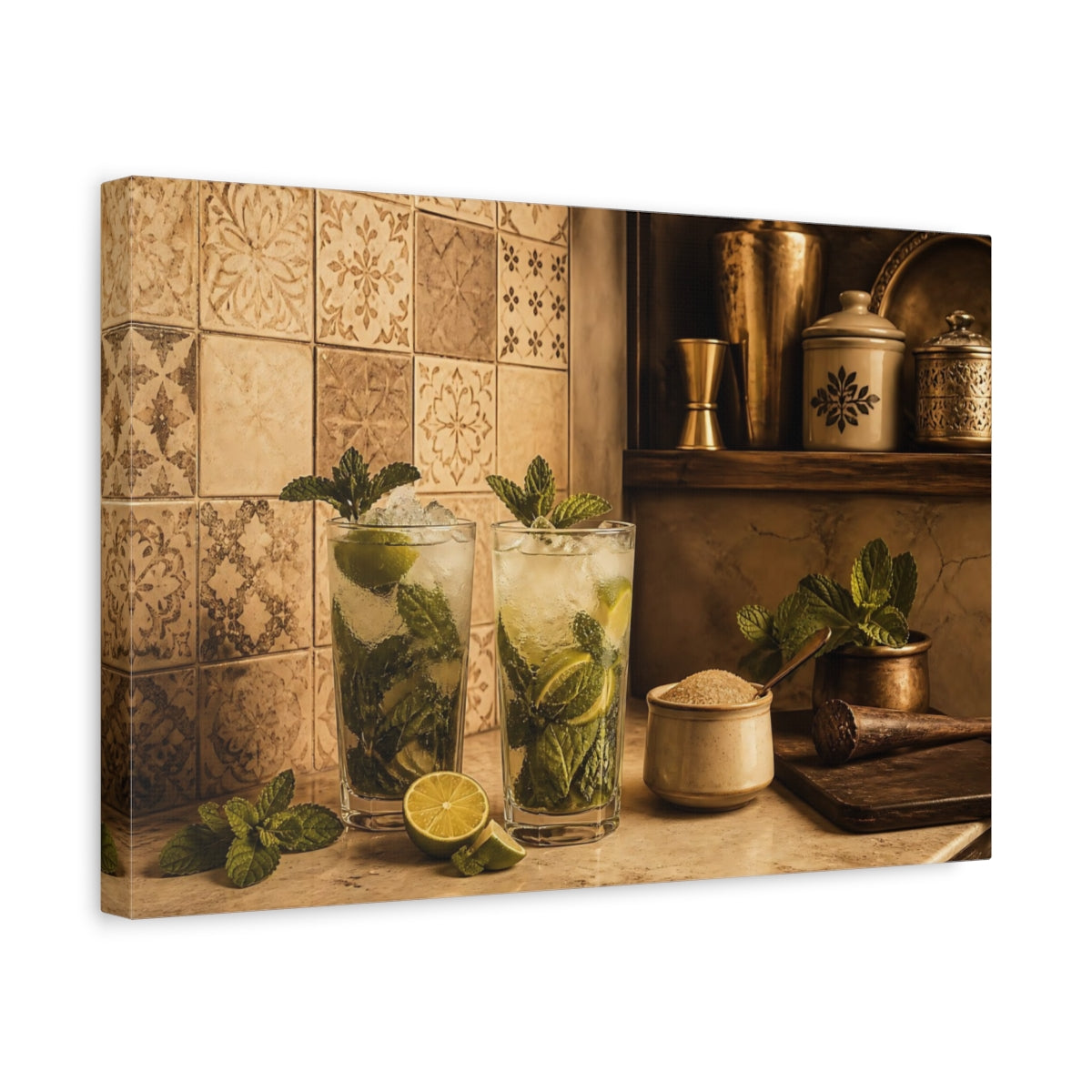 Side Mockup 4. Vintage Mojito Still Life shown as canvas print