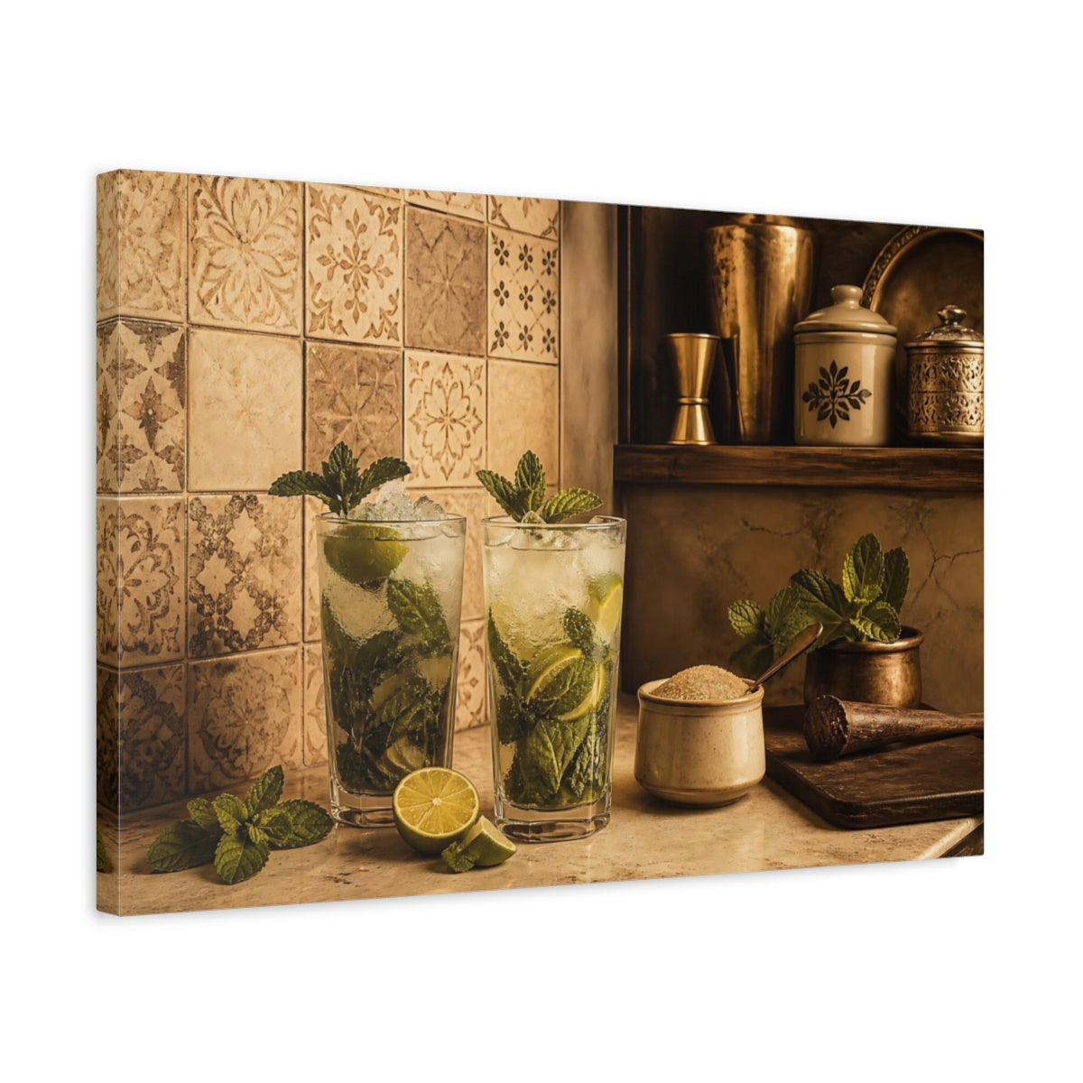 Side Mockup 3. Vintage Mojito Still Life shown as canvas print