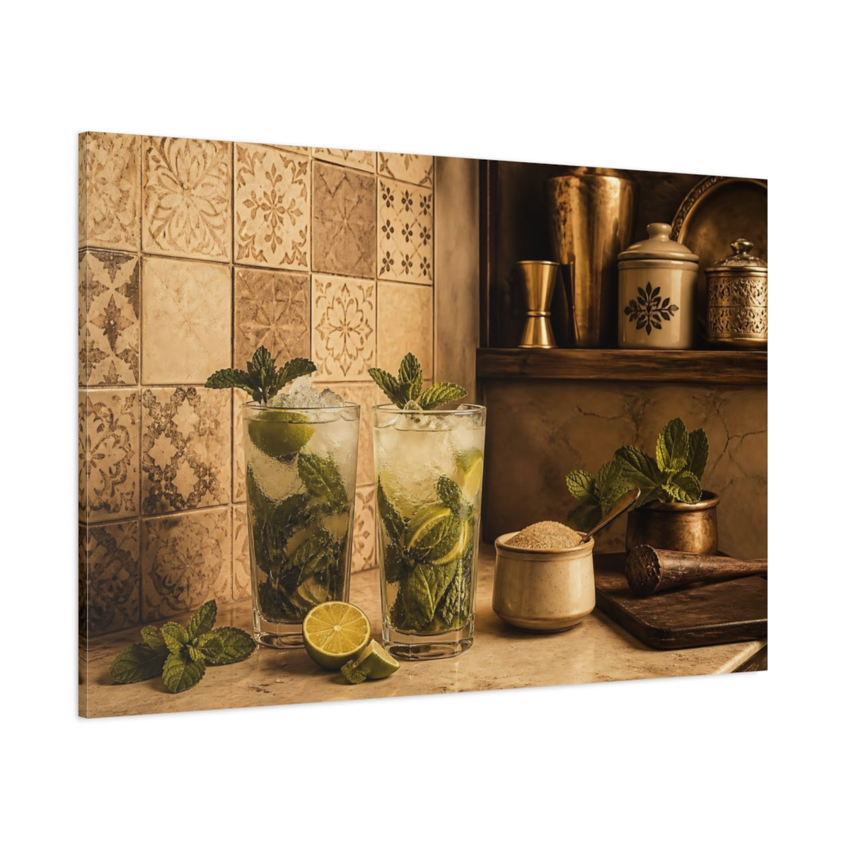 Side Mockup 1. Vintage Mojito Still Life shown as canvas print