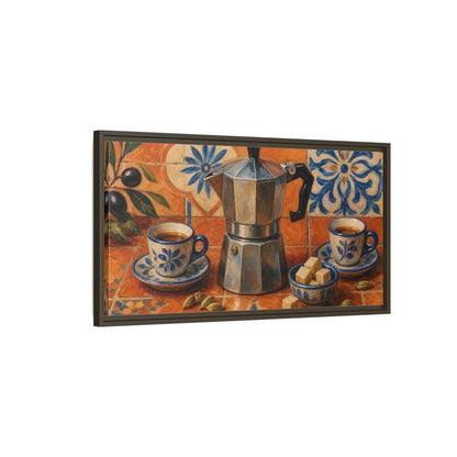 Main Mockup. Vintage Moka Pot Rustic Orange Blue Coffee shown as framed canvas print