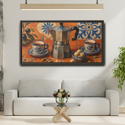 Mockup 2. Vintage Moka Pot Rustic Orange Blue Coffee shown as framed canvas print
