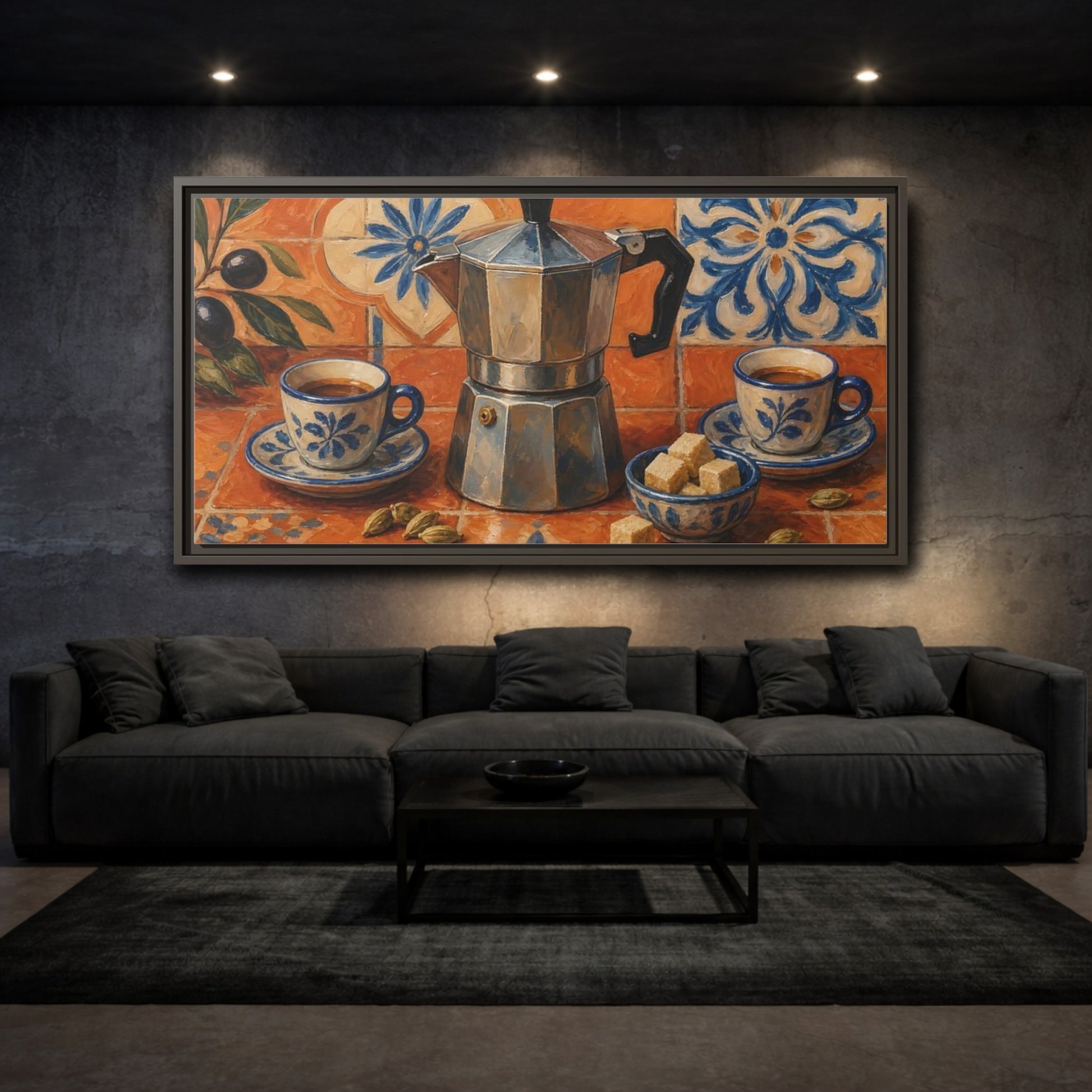 Mockup 3. Vintage Moka Pot Rustic Orange Blue Coffee shown as framed canvas print