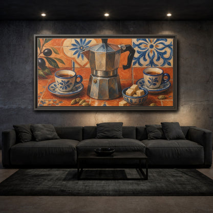 Mockup 3. Vintage Moka Pot Rustic Orange Blue Coffee shown as framed canvas print