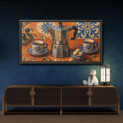 Mockup 4. Vintage Moka Pot Rustic Orange Blue Coffee shown as framed canvas print