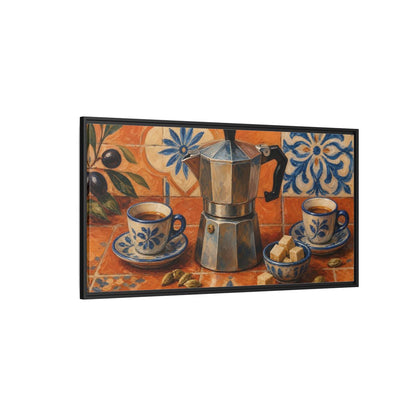 Side Mockup 5. Vintage Moka Pot Rustic Orange Blue Coffee shown as framed canvas print