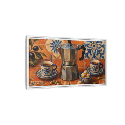 Side Mockup 1. Vintage Moka Pot Rustic Orange Blue Coffee shown as framed canvas print