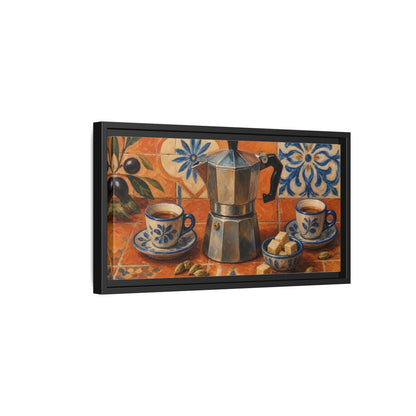 Side Mockup 8. Vintage Moka Pot Rustic Orange Blue Coffee shown as framed canvas print