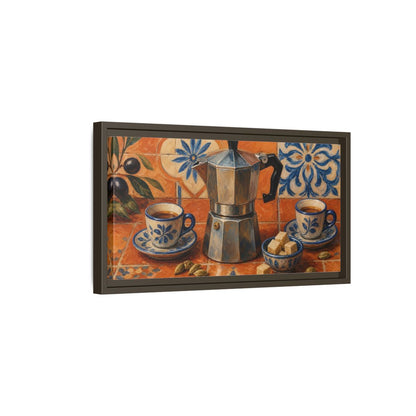 Side Mockup 7. Vintage Moka Pot Rustic Orange Blue Coffee shown as framed canvas print