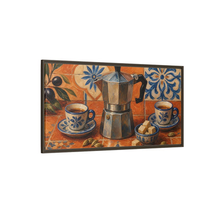 Side Mockup 4. Vintage Moka Pot Rustic Orange Blue Coffee shown as framed canvas print