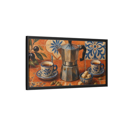 Side Mockup 2. Vintage Moka Pot Rustic Orange Blue Coffee shown as framed canvas print