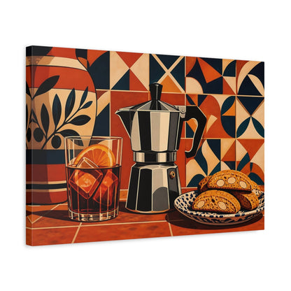 Side Mockup 3. Vintage Moka Pot Terracotta Coffee Still Life shown as stretched canvas wall art