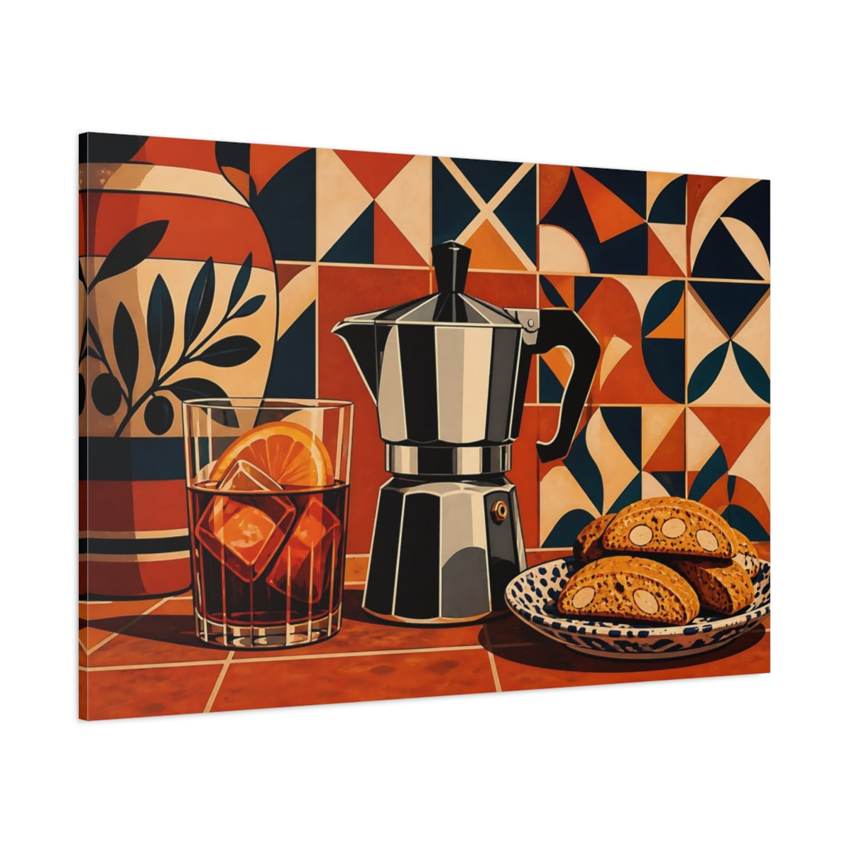 Side Mockup 1. Vintage Moka Pot Terracotta Coffee Still Life shown as stretched canvas wall art