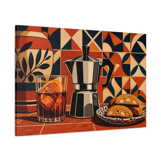 Main Mockup. Vintage Moka Pot Terracotta Coffee Still Life shown as stretched canvas wall art