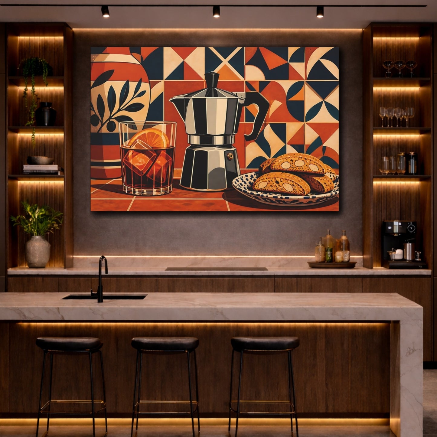 Mockup 2. Vintage Moka Pot Terracotta Coffee Still Life shown as stretched canvas wall art