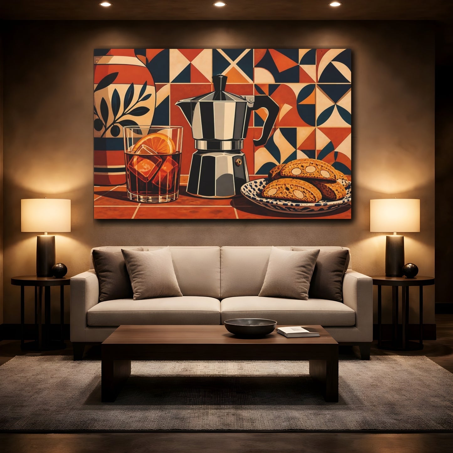 Mockup 3. Vintage Moka Pot Terracotta Coffee Still Life shown as stretched canvas wall art
