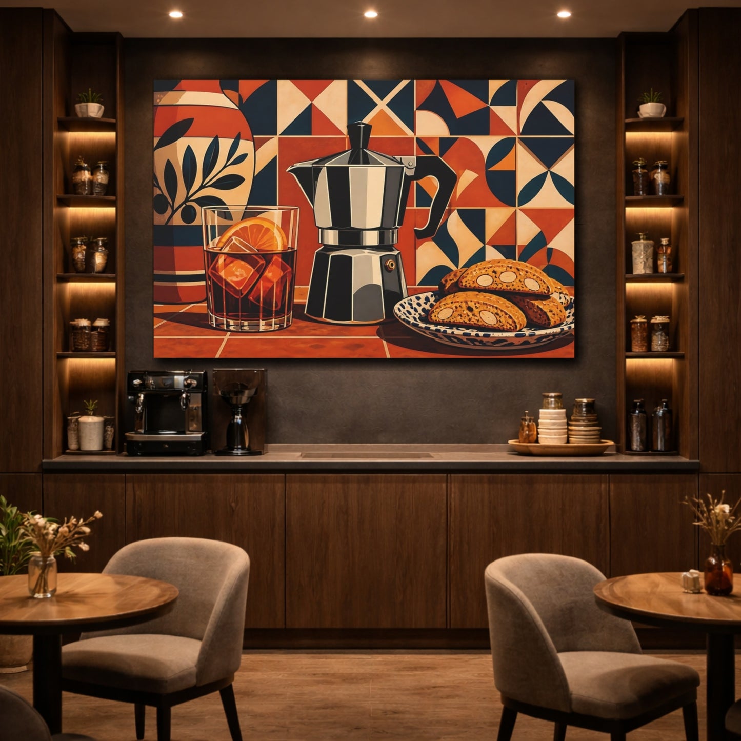 Mockup 4. Vintage Moka Pot Terracotta Coffee Still Life shown as stretched canvas wall art