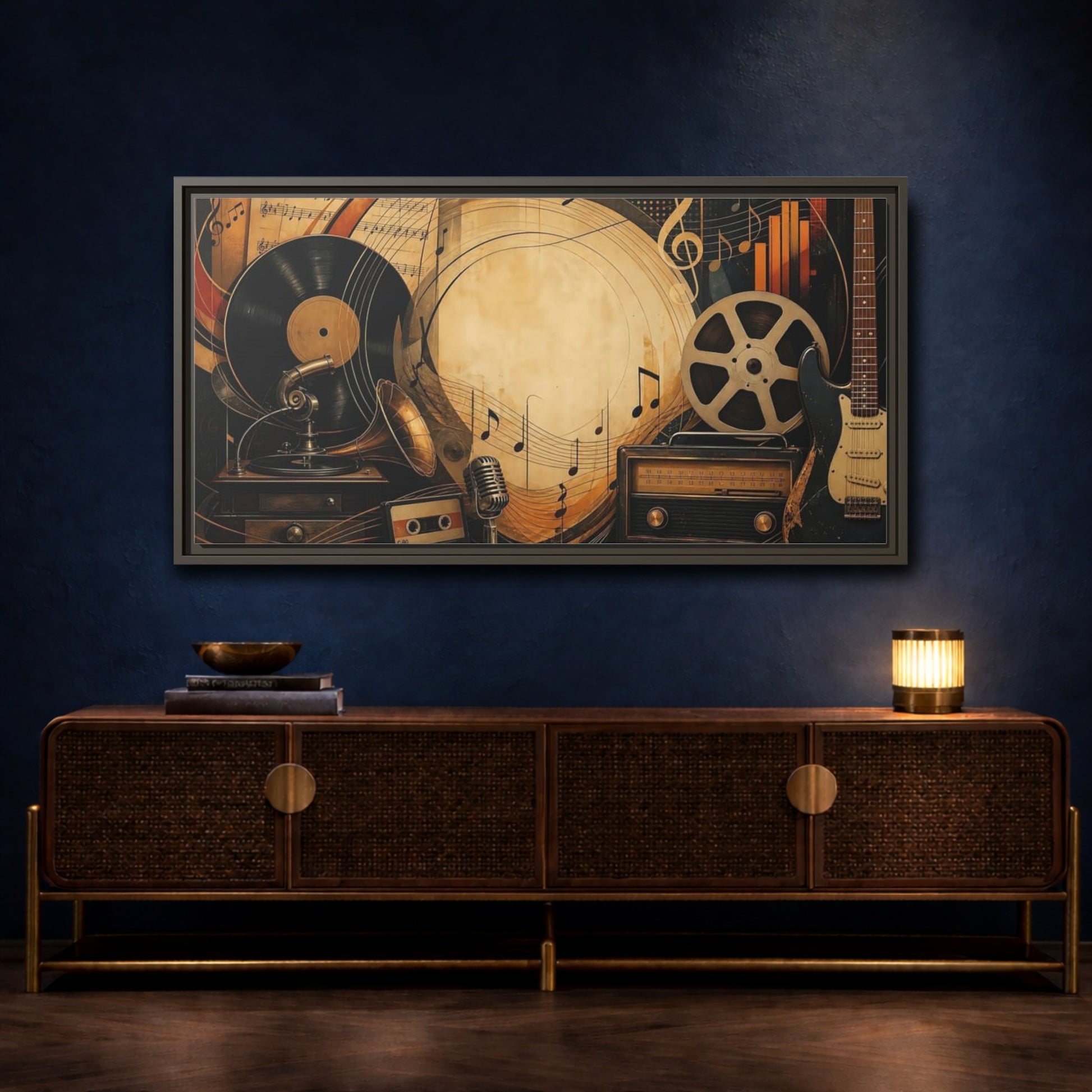 Mockup 4. Vintage Music Collage shown as framed canvas print