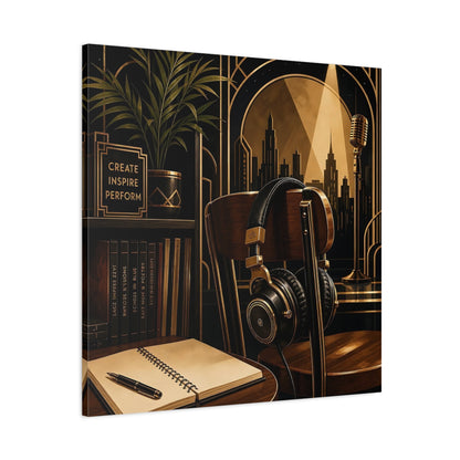 Main Mockup. Vintage Music Studio Black And Gold shown as canvas print