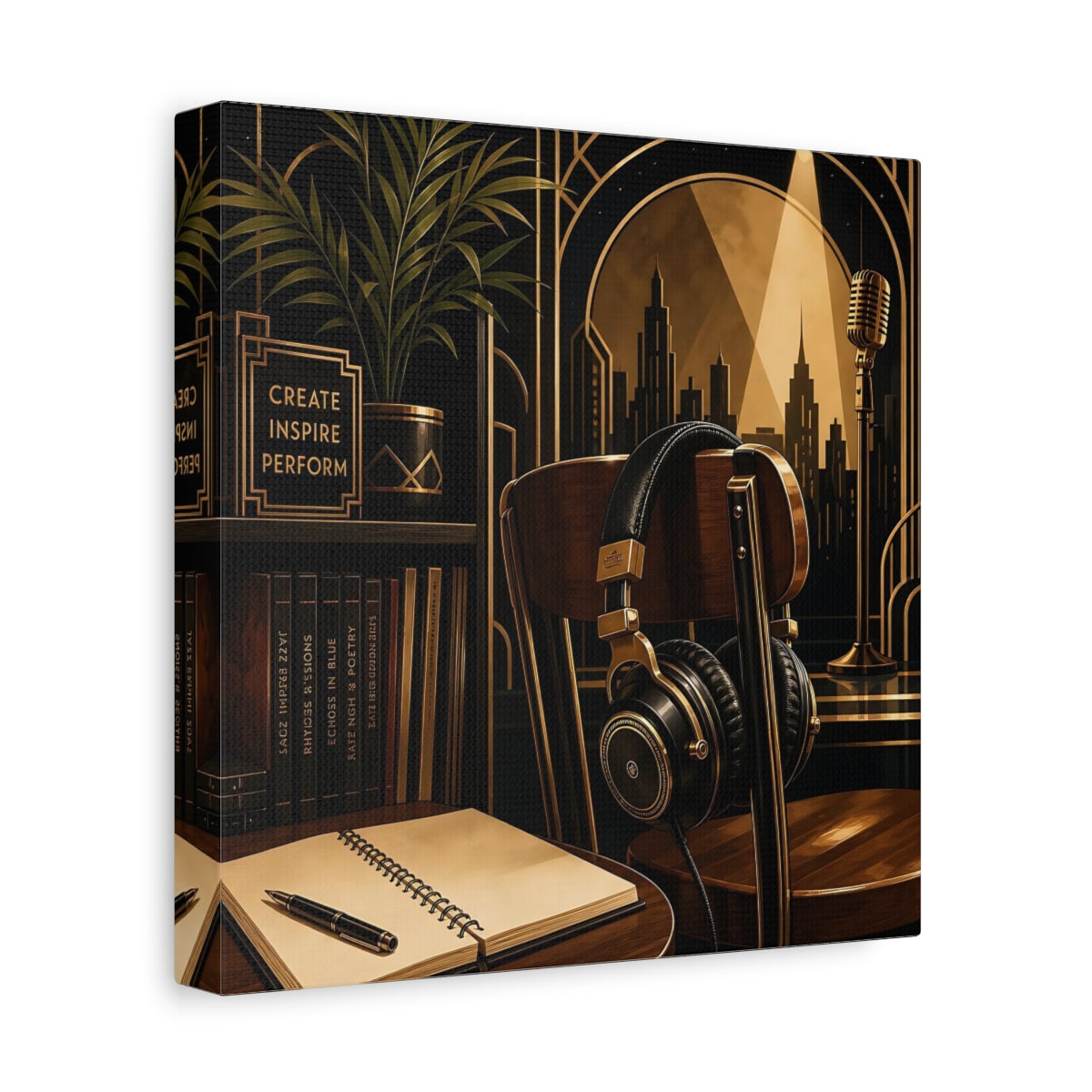 Side Mockup 9. Vintage Music Studio Black And Gold shown as canvas print