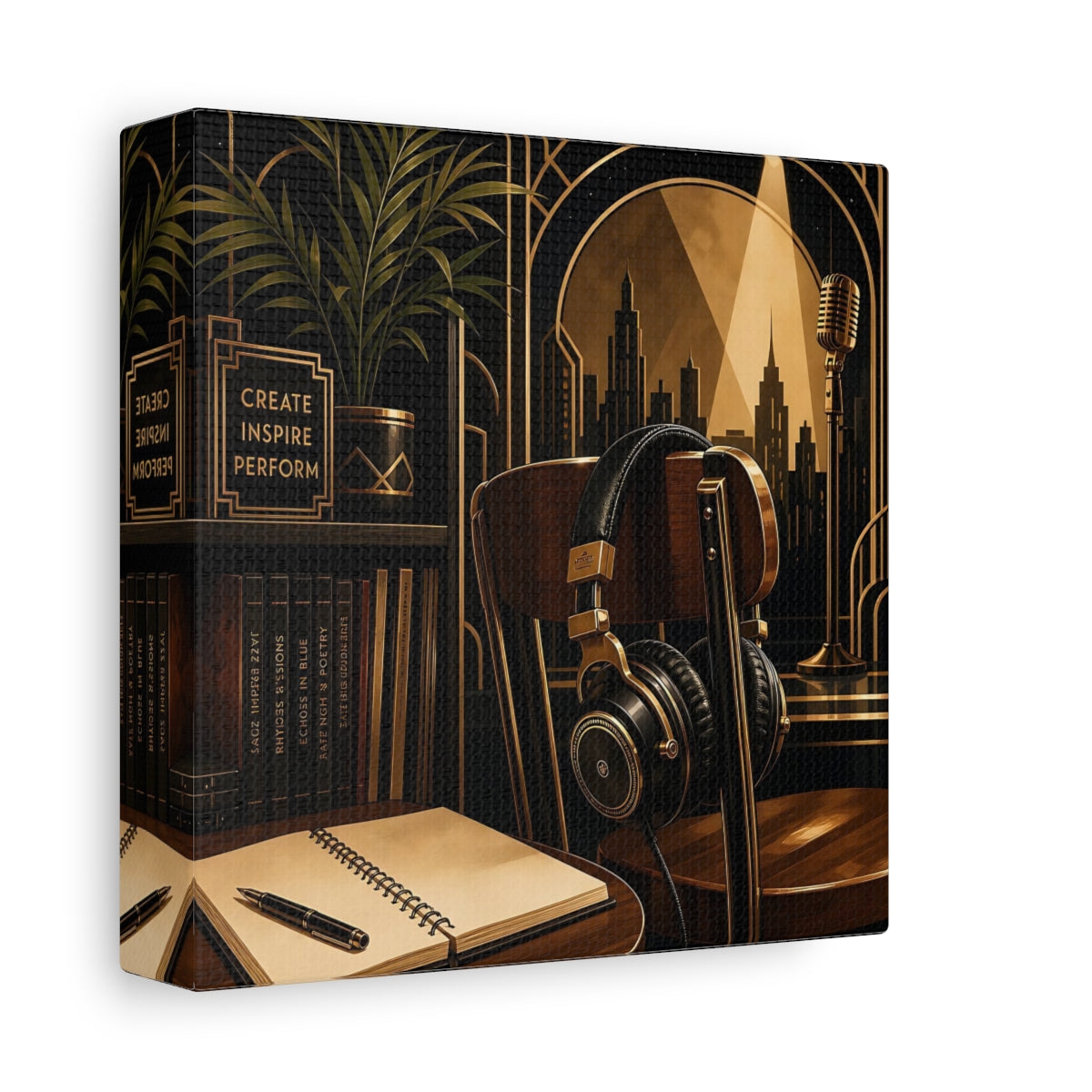 Side Mockup 2. Vintage Music Studio Black And Gold shown as canvas print