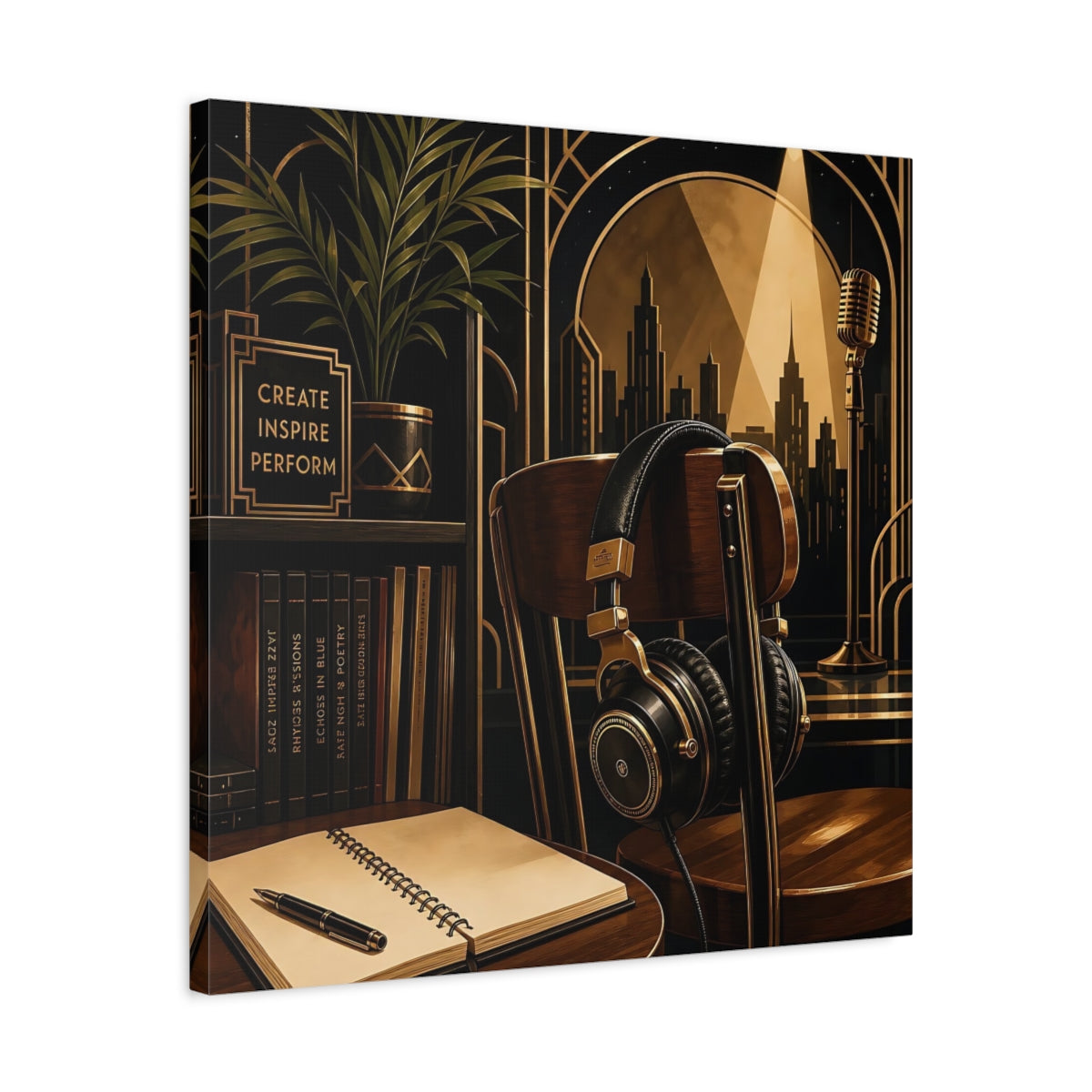 Side Mockup 4. Vintage Music Studio Black And Gold shown as canvas print