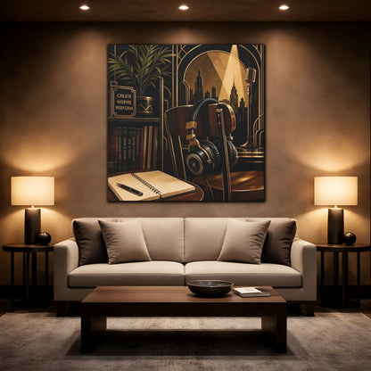 Mockup 2. Vintage Music Studio Black And Gold shown as canvas print