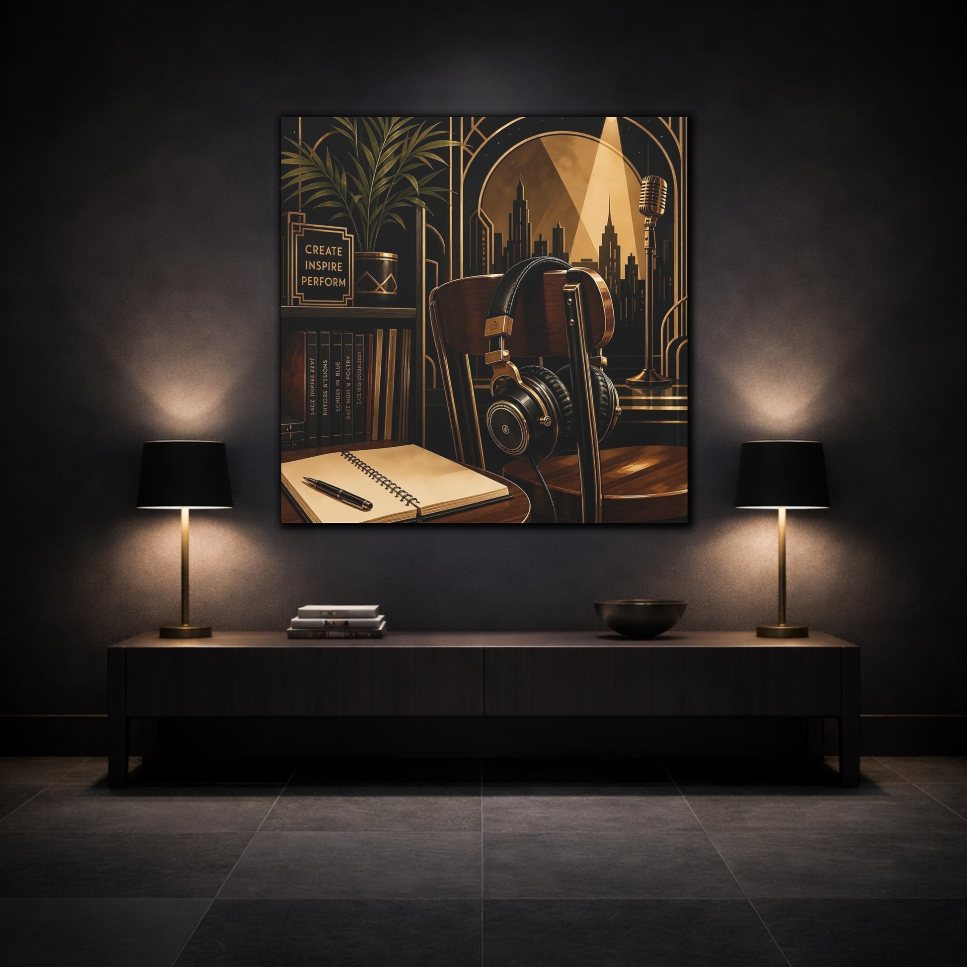 Mockup 3. Vintage Music Studio Black And Gold shown as canvas print