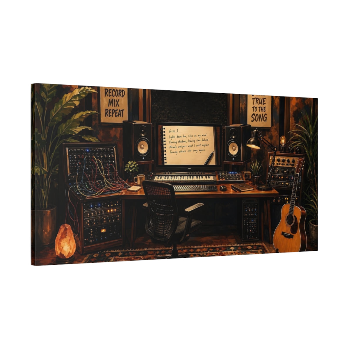 Main Mockup. Vintage Music Studio Warm Studio shown as canvas print