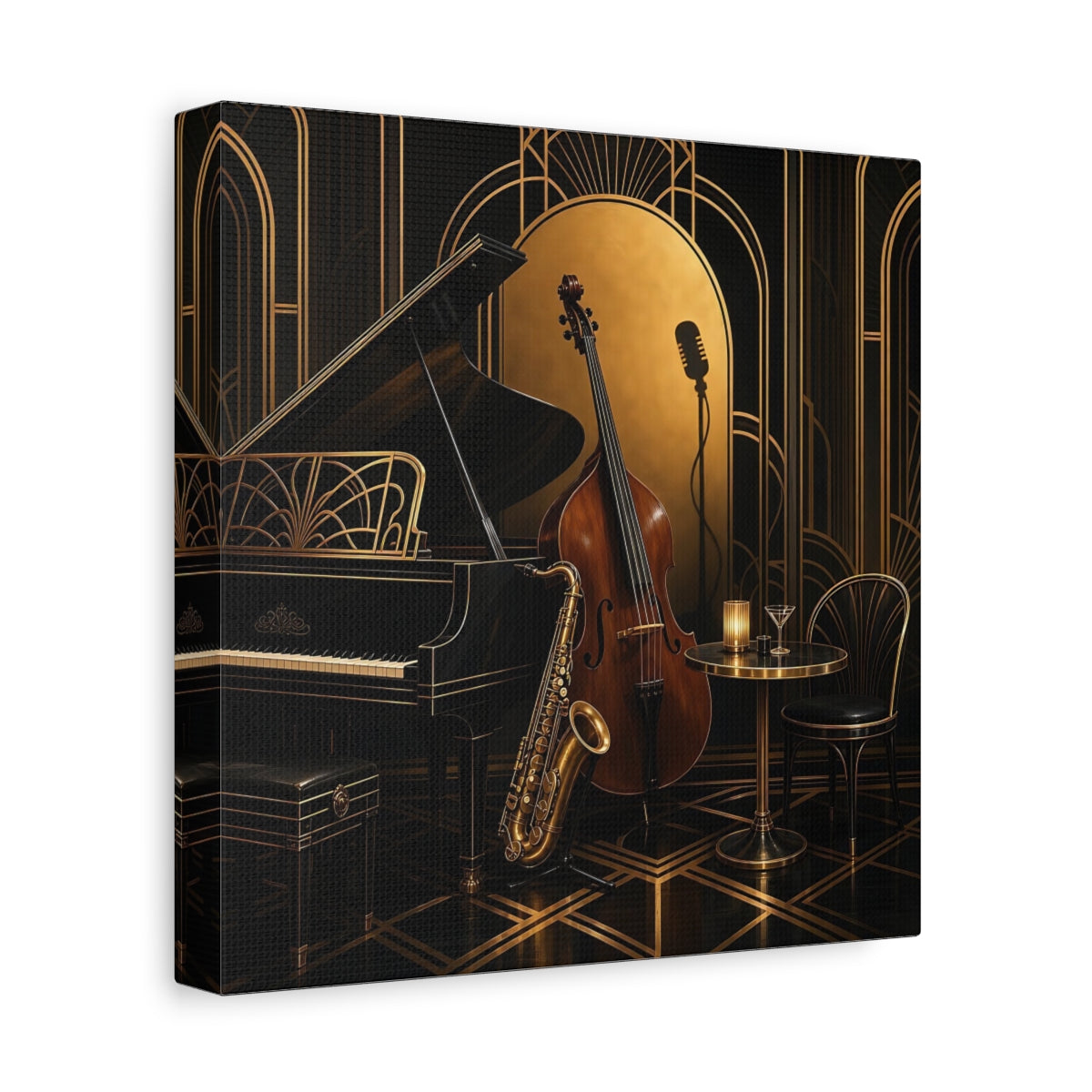 Side Mockup 9. Vintage Musical Instruments Black And Gold shown as canvas print