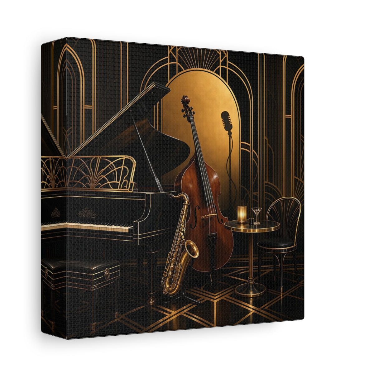 Side Mockup 2. Vintage Musical Instruments Black And Gold shown as canvas print