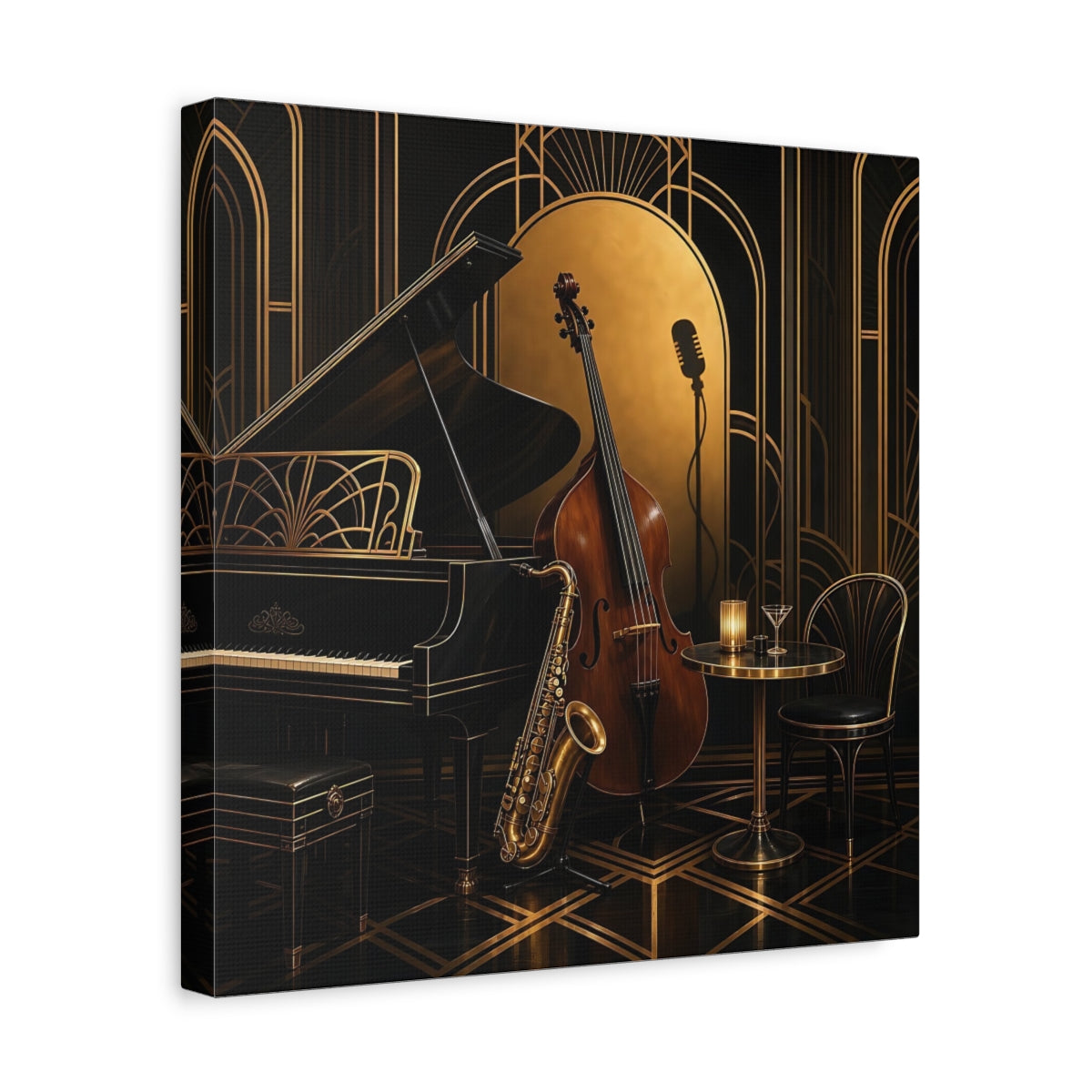 Side Mockup 7. Vintage Musical Instruments Black And Gold shown as canvas print