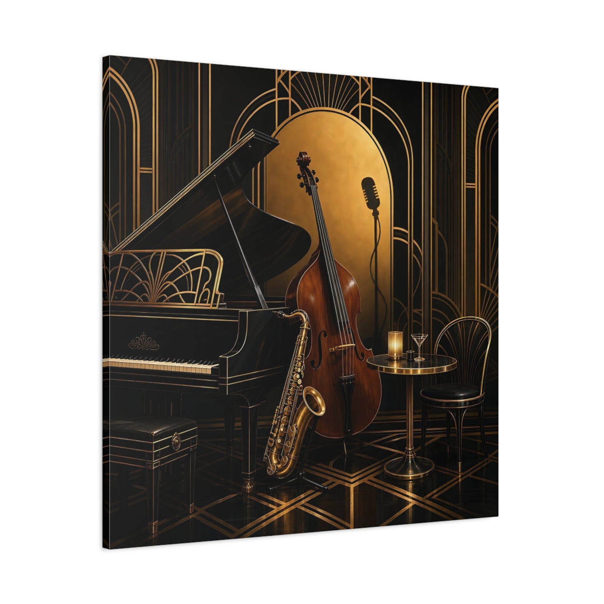 Side Mockup 1. Vintage Musical Instruments Black And Gold shown as canvas print