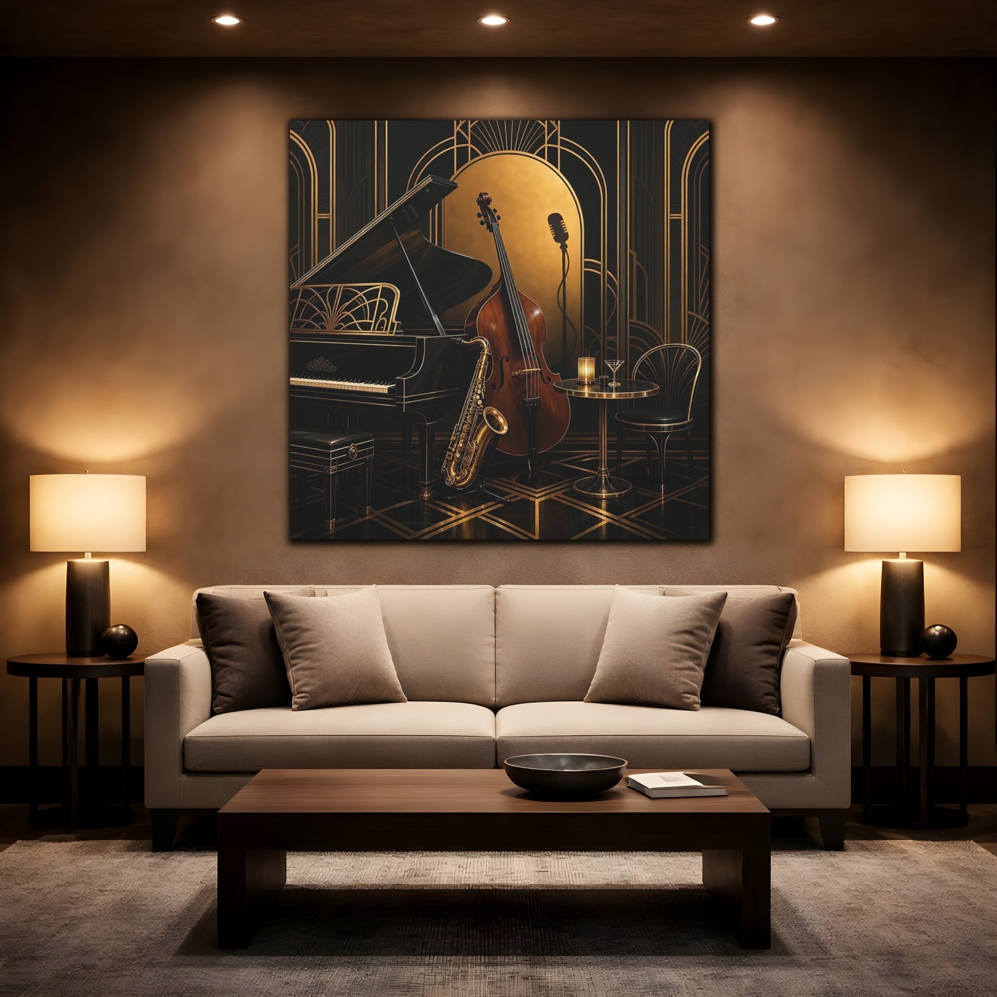 Mockup 2. Vintage Musical Instruments Black And Gold shown as canvas print