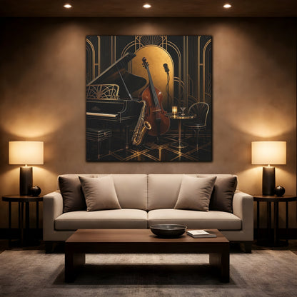 Mockup 2. Vintage Musical Instruments Black And Gold shown as canvas print