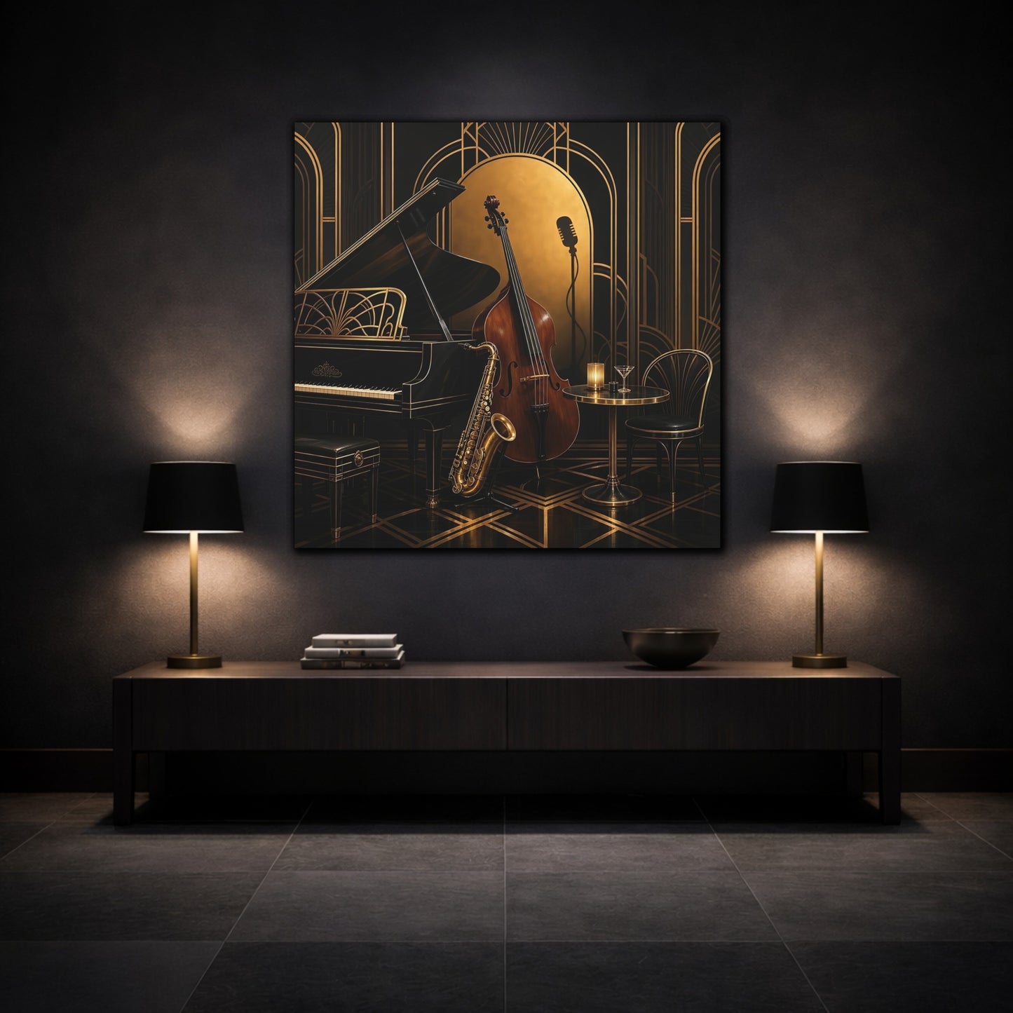 Mockup 3. Vintage Musical Instruments Black And Gold shown as canvas print