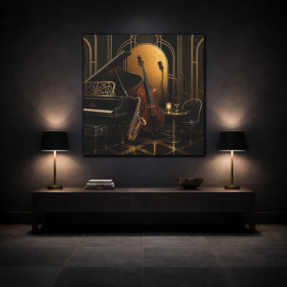 Mockup 3. Vintage Musical Instruments Black And Gold shown as canvas print