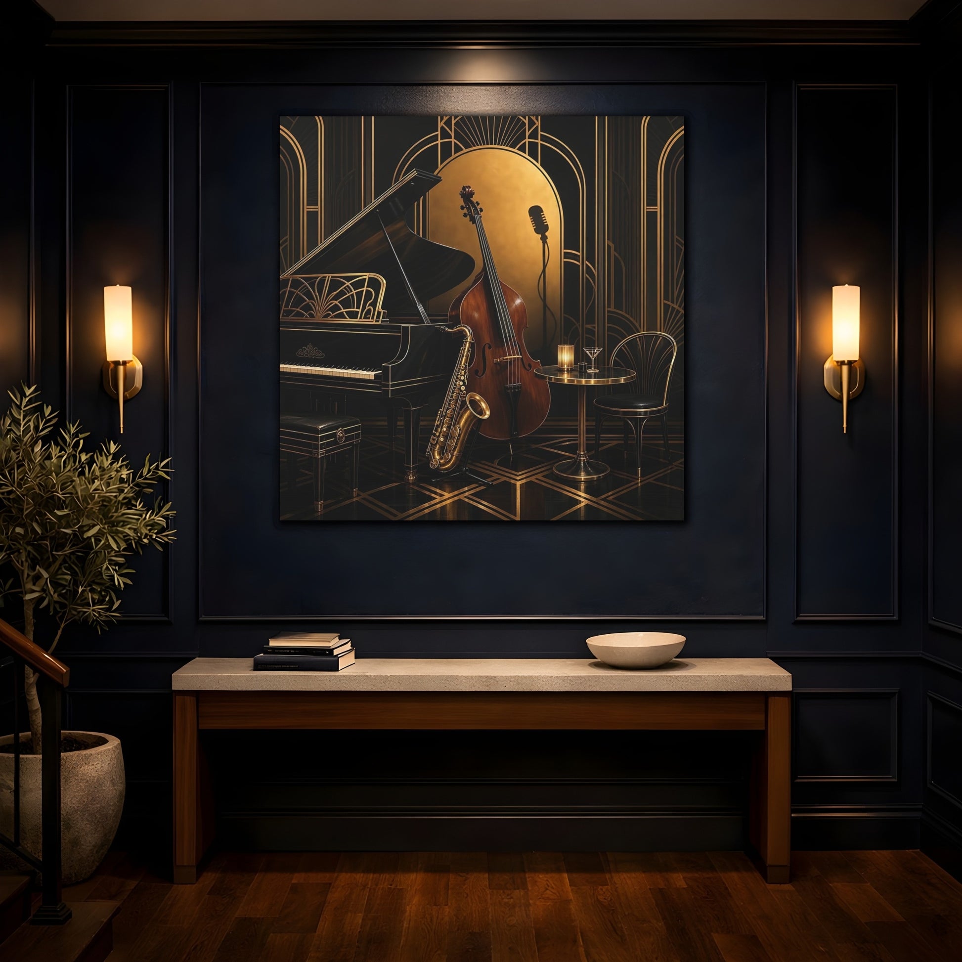 Mockup 4. Vintage Musical Instruments Black And Gold shown as canvas print
