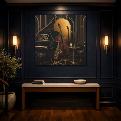 Mockup 4. Vintage Musical Instruments Black And Gold shown as canvas print