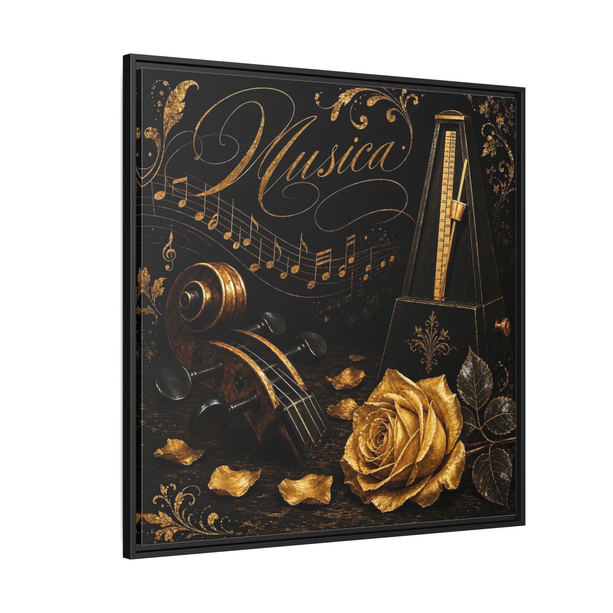 Side Mockup 6. Vintage Musical Instruments Gold And Black Music shown as framed canvas print