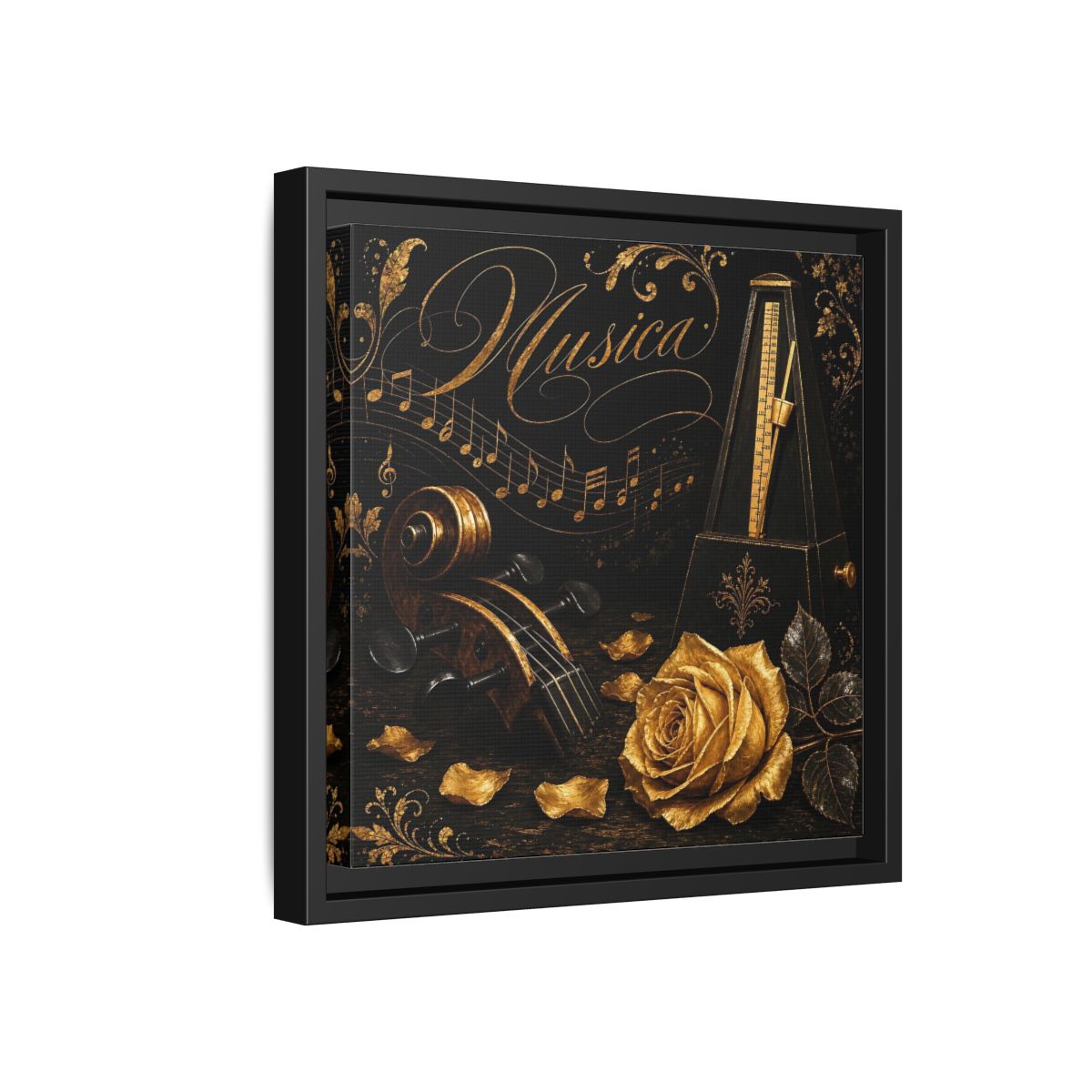 Side Mockup 18. Vintage Musical Instruments Gold And Black Music shown as framed canvas print