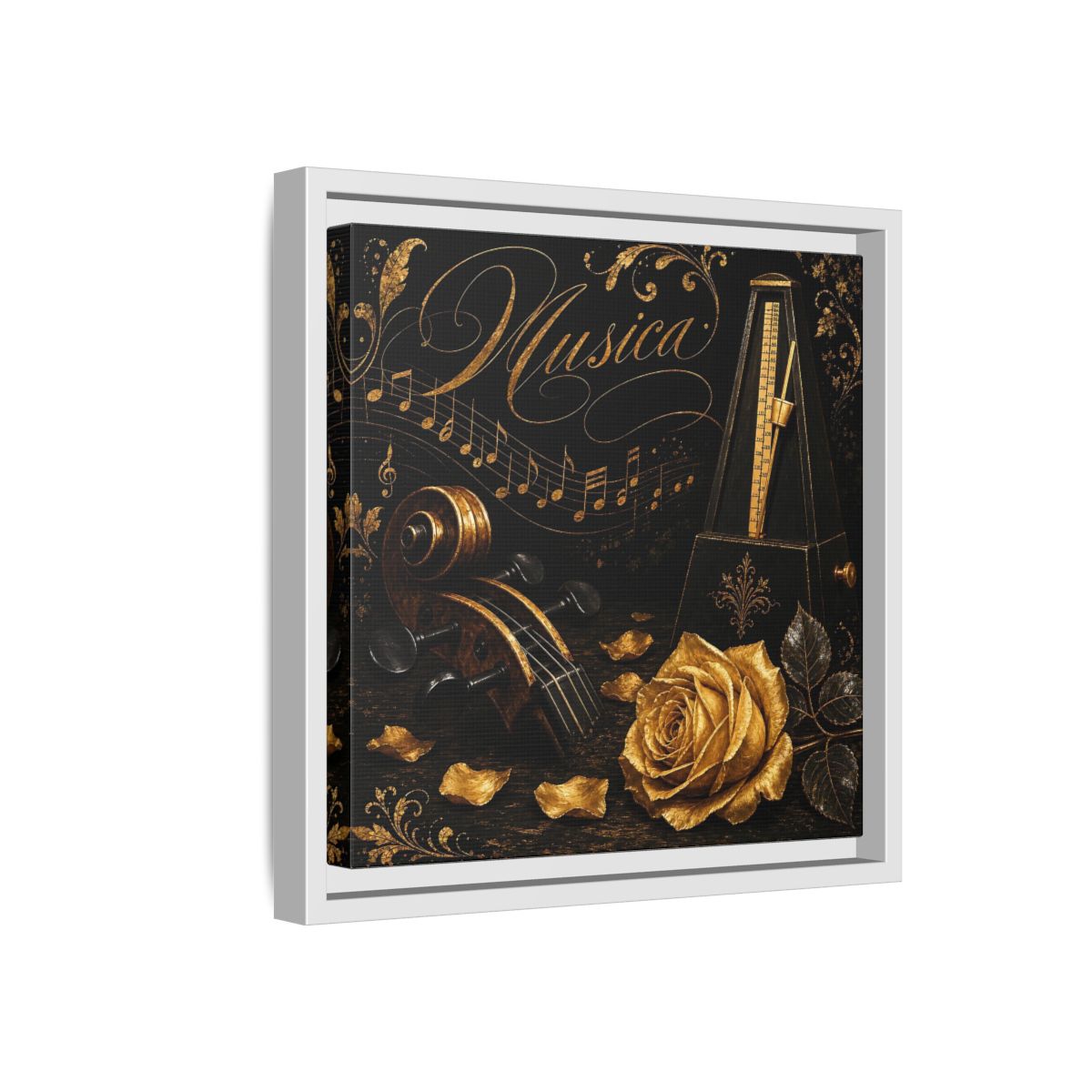 Side Mockup 16. Vintage Musical Instruments Gold And Black Music shown as framed canvas print