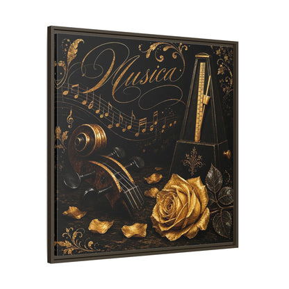 Main Mockup. Vintage Musical Instruments Gold And Black Music shown as framed canvas print
