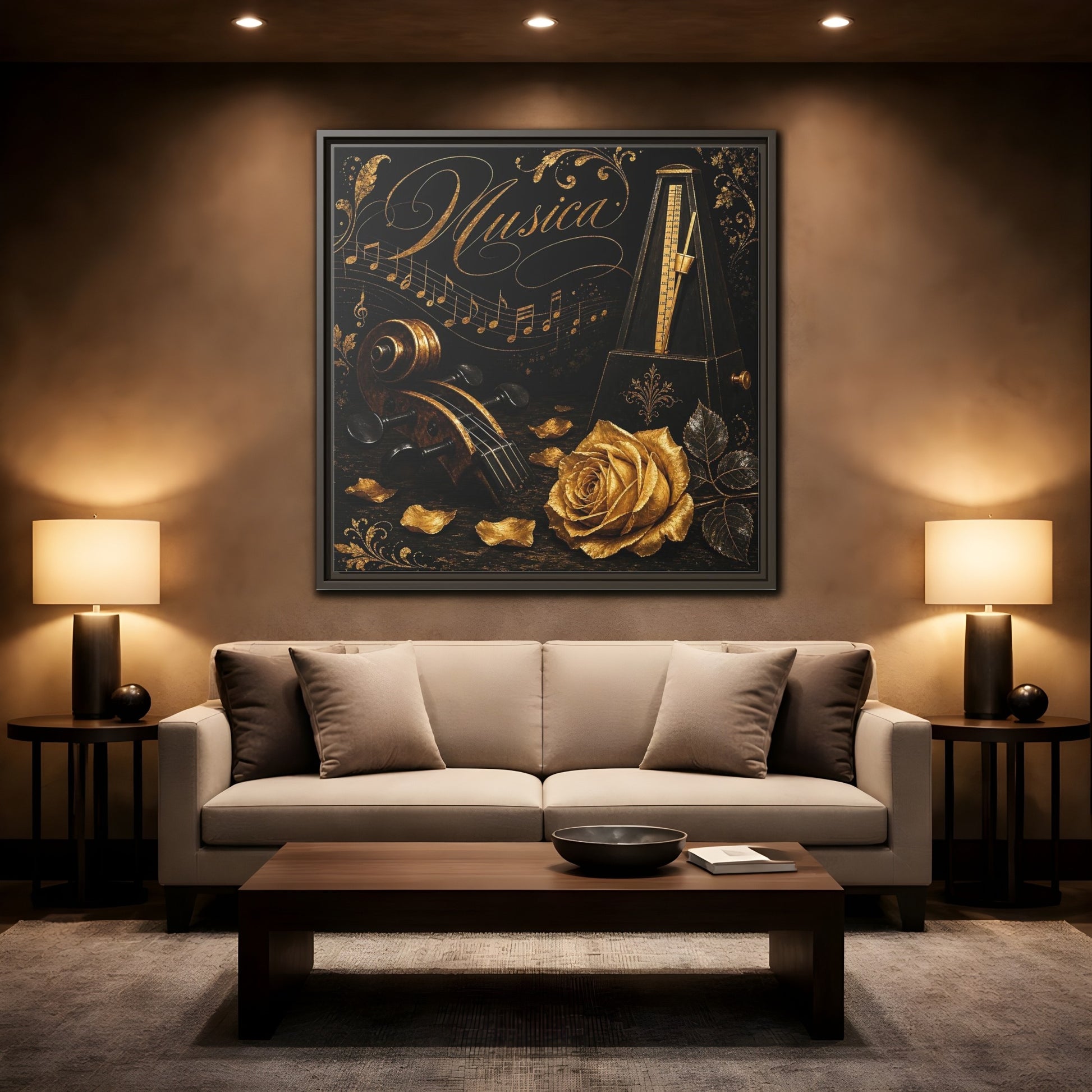 Mockup 2. Vintage Musical Instruments Gold And Black Music shown as framed canvas print